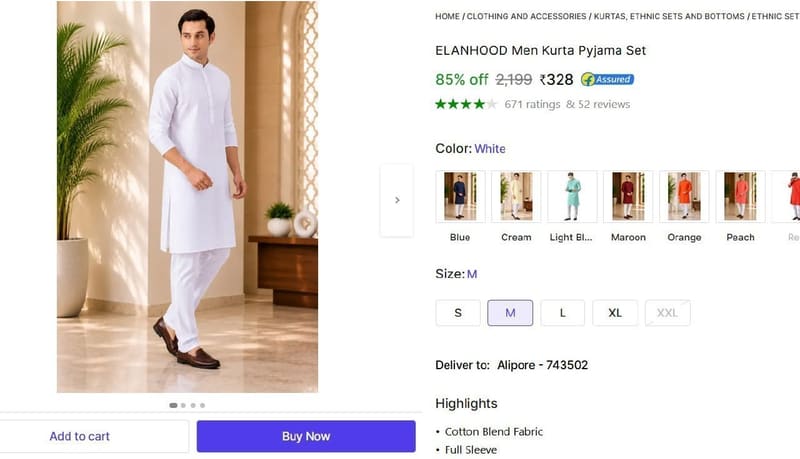 🔥  ELANHOOD Men's Kurta Pyjama Set @ ₹328
