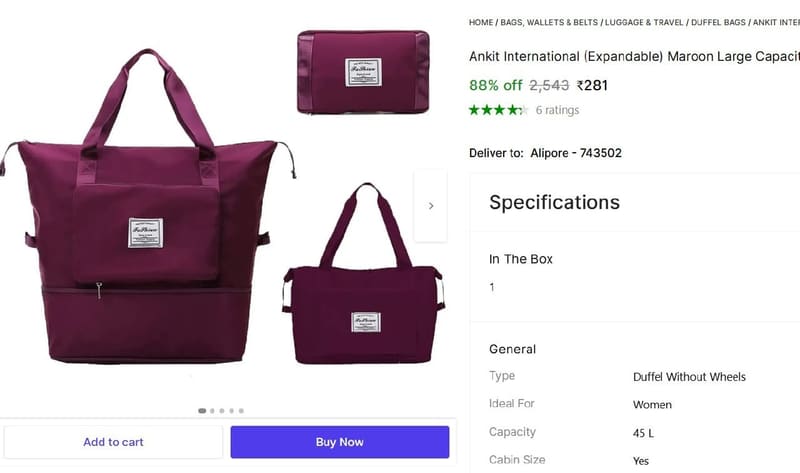 🔥  Maroon Large Capacity Duffle Bag @ ₹281