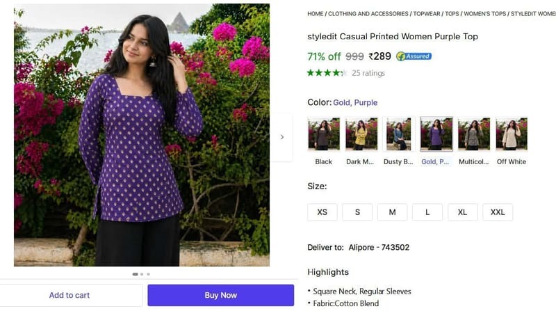 🔥  Casual Printed Women Purple Top @ ₹289