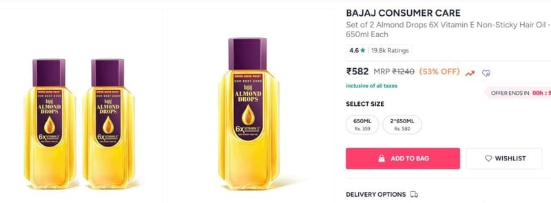 Myntra : BAJAJ CONSUMER CARE Set of 2 Almond Drops 6X Vitamin E Non-Sticky Hair Oil - 650ml Each