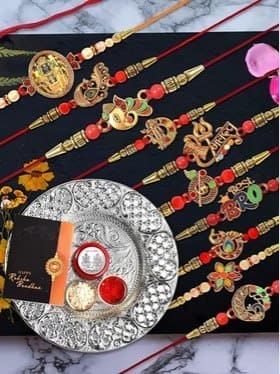 🎁 DeoDap Set Of 10 Rakhis With Silver Colour Pooja Thali & Coin, Roli Chawal & Greeting Card