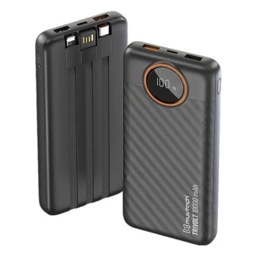 🛒 Muvtech TriVolt Power Bank 10000 mAh with 22.5W Fast Charging and Built-in Cables, Lightning Cable, Type-C and Type-A, with Led Display for iPhone, Android and Tablets (Black)