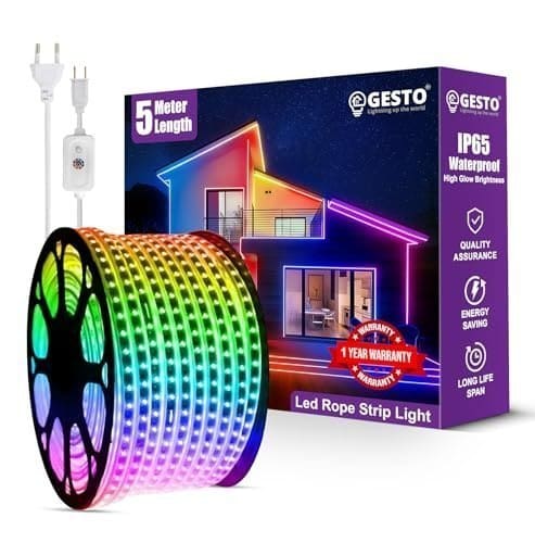 🛒 Gesto 5 Meter Rope Led Strip Lights – High Brightness Outdoor Lights Waterproof for Balcony,Home Decor,False Ceiling | RGB Strip Light for Diwali Decoration with Mode Change Controller (Multicolor)