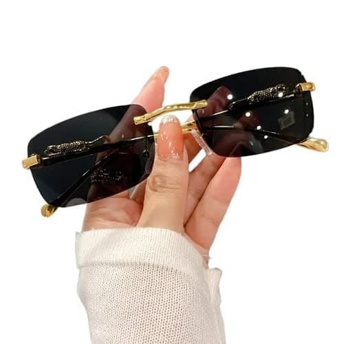 🛒 FY LANE Mc Stan Rimless Men and Womens Sunglasses Retro Luxury Gold Metal Frameless Rectangle Leopard Arms Colored Lens Sun Glasses (Black)