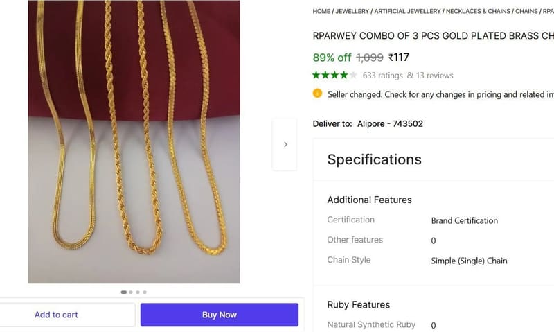 🔥  Combo Of 3 Pcs Gold Plated Brass Chain @ ₹117