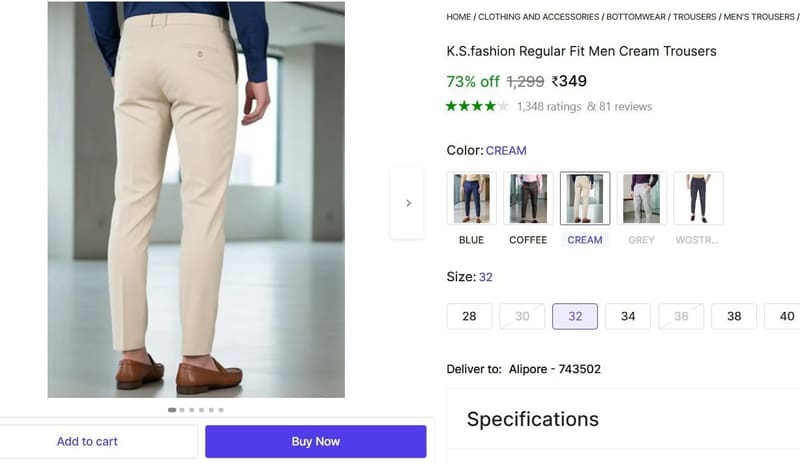 🔥  Regular Fit Men Cream Trousers @ ₹349