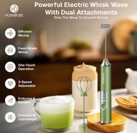 🥛 HOMEBASIC Green & Steel 3-Speed USB Rechargeable Handheld Milk Frother