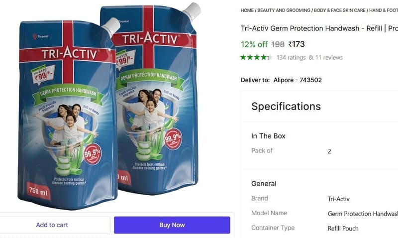 🔥  Tri-Activ Germ Protection Handwash (2 x 750 ml) @ ₹173