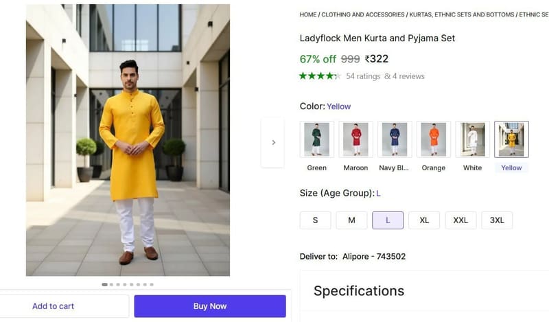 🔥  Men's Kurta and Pyjama Set @ ₹322