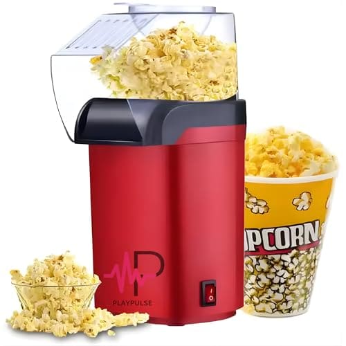 🛒 Playpulse (𝟏𝟎 𝐘𝐄𝐀𝐑 𝐖𝐀𝐑𝐑𝐀𝐍𝐓𝐘) Electric Popcorn Popper 1200W – Oil-Free Hot Air Machine for Healthy Homemade Snacks, Kids & Adults, Ideal for Movie Nights, Kitchen, Party Entertainment-Red