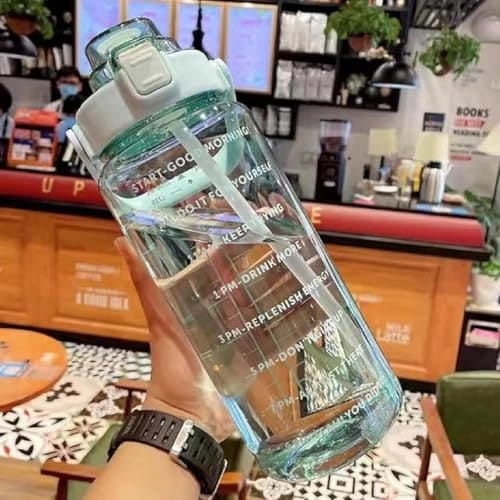 🛒 HLOKNTSABR 2L Capacity Sipper Water Bottle For Adults With Motivational Time Marker & Leak Proof Non-Toxic Transparent For Office, Gym, School, Collage, Home (GREEN)