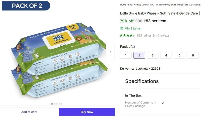 Shopsy |   Baby Wipes Pack of 2 | 72 Wipes @ ₹83