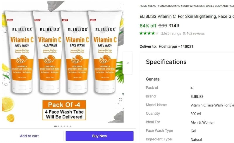 🔥  ELIBLISS Vitamin C Face Wash, Pack of 4 -