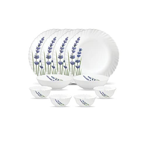 🛒 La Opala Novo Collection Opal Glass Crockery | for Family of 4 | Dinner Set 10 pcs English Lavender | Plates & Bowls for Dining | Microwave Safe | 100% Vegetarian | Extra Strong | Light & White