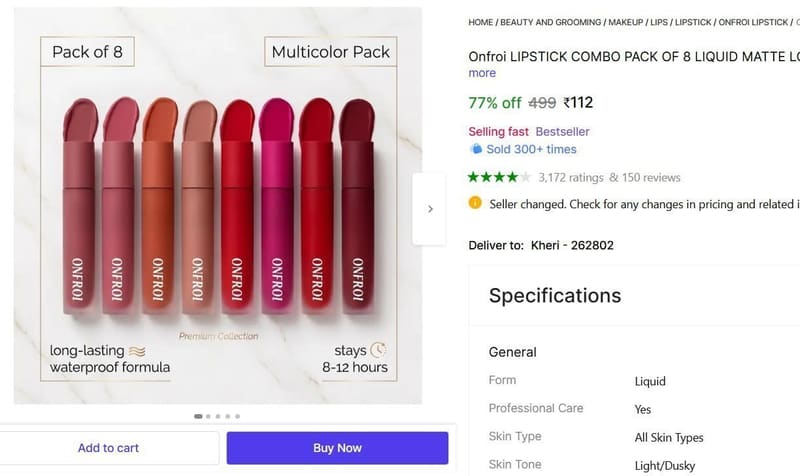 🔥  Pack Of 8 Liquid Lipstick @ ₹112