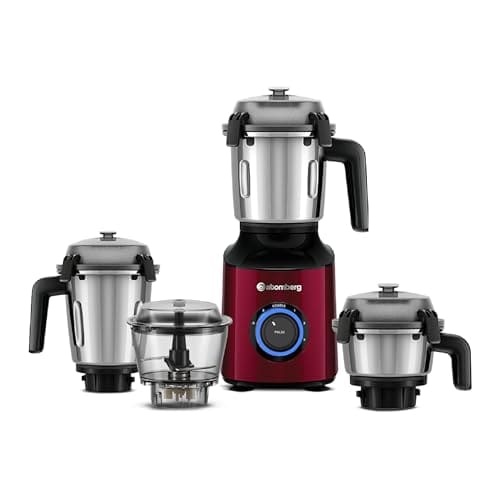🛒 Atomberg Zenova Mixer Grinder For Kitchen | Intelligent BLDC Motor | Grinds Like 1000 Watt | Unique Coarse Mode for Silbatta Texture | 4 Jars With Chopper | Hands-Free | Safety Features | Red Wine