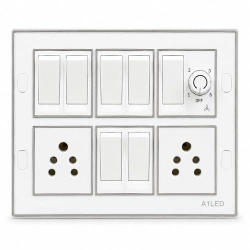 🛒 A1 LED 12 Modular Switch Board with 7 Switches, 2 Universal Sockets & 1 Fan Regulator (White & Silver Line) – Complete Electrical Surface Mount Panel for Home & Office