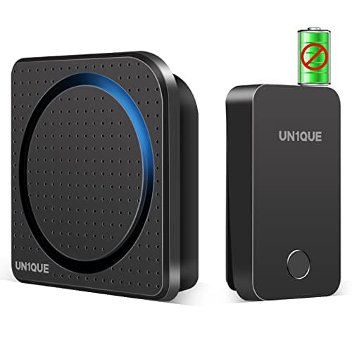 🛒 UN1QUE Wireless Door Bell for Home, Self-Powered Battery Free Cordless Calling Bell-1000ft Range with 38 Chimes,LED Light,4 Levels Volume (UB500) (Black)