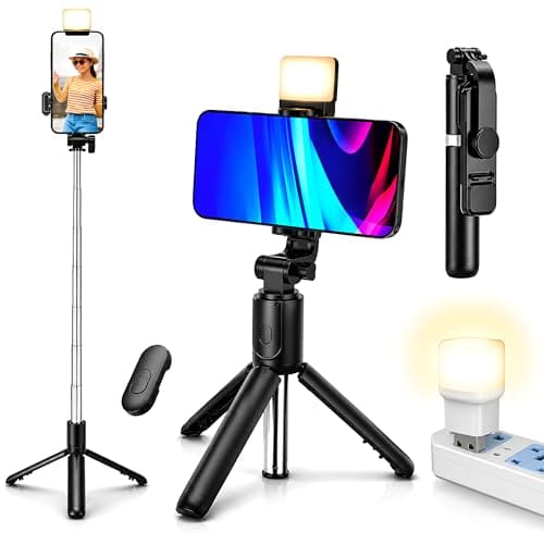 🛒 Blushinsta Selfie Stick Tripod with Light, Tripod Stand for Phone with Light, 3 in 1 Design Selfie Stand, Rechargeable LED Light with Two Brightness Levels with Bluetooth Remote
