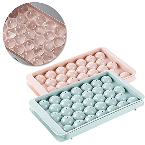 🛒 Clazkit Plastic Mini Round Ice Cube Tray with Lid Ball Maker for Fresh Juice, Mocktails, Whiskey, Cocktails, Tea & Coffee 33 Cavity, Easy Release Stackable in Freezer Pack of 2, Blue,Pink