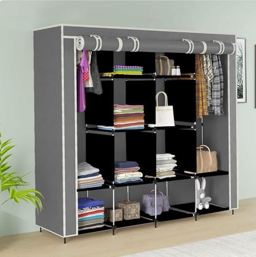 🛒 GTC 12 Shelves Fancy Layer Collapsible Wardrobe Portable Almirah Foldable Racks for Clothes Cupboard Cloth Organizer Non Rustable Iron and PP Plastic (Self Assemble) (88170) (Grey)