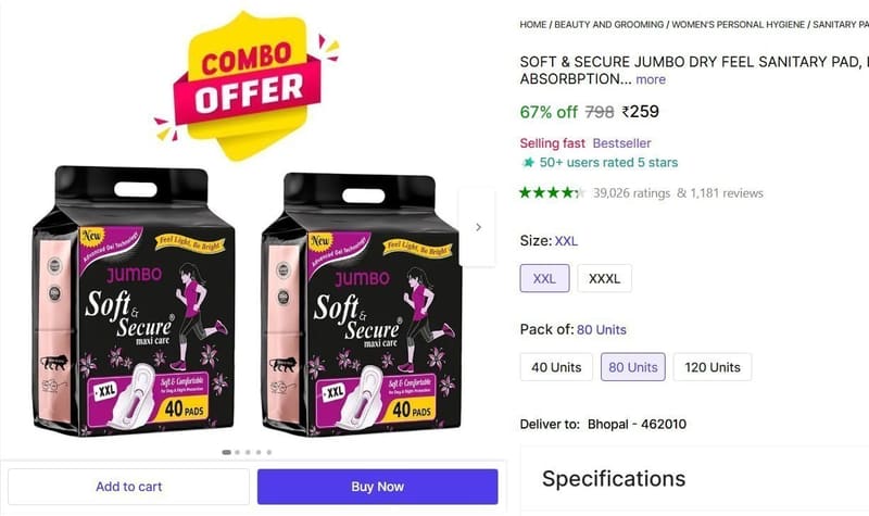 🔥  SOFT & SECURE JUMBO Sanitary Pad @ ₹259