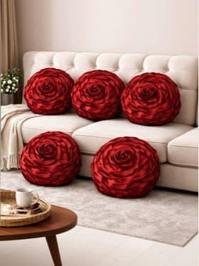 🛋 LOFEY Maroon Set of 5 Floral Satin Round Cushion Covers