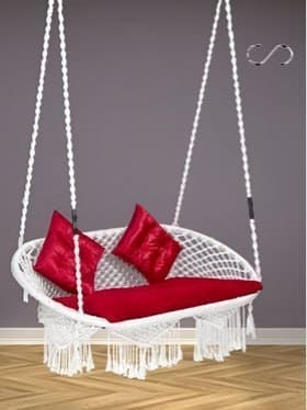🌿 Swingzy Premium White & Red Large Double Seater Round Hanging Hammock Swing With Cushion