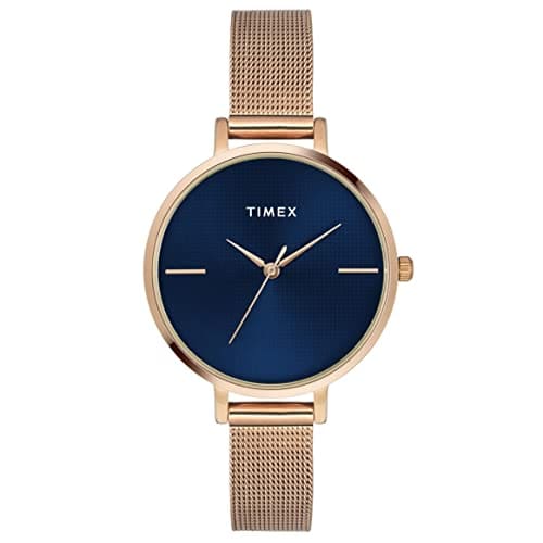 🛒 TIMEX Analog Watch for Women with Blue Round Dial & Rose Gold Stainless Steel Bracelet Band Water Resistant Women's Wrist Watches - TWEL155SMU07