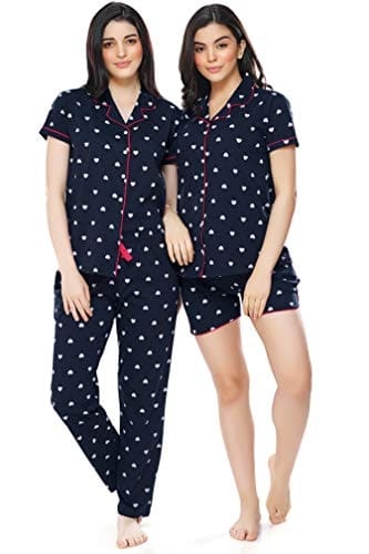 🛒 ZEYO Women's Cotton 3Pc'S (Shirt+Pyjama+Shorts) Heart Printed Navy Blue Pajama Set Night Suit 5357, Navy Blue (Heart), Large