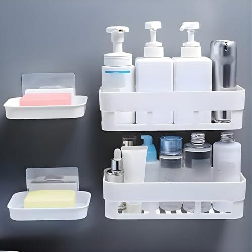 🛒 House of vipa Bathroom Shelf Without Drill | Adhesive Bathroom Organizer Wall Shelf | 2 Shelves + 2 Soap Dish | Waterproof Rust-Free Bathroom Rack for Kitchen & Washbasin