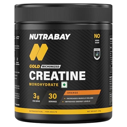 🛒 Nutrabay Gold Micronised Creatine Monohydrate Powder 3000 mg Creatine per Serving, NABL Lab Tested – Increases Muscle Mass, Strength & Power – Pre/Post Workout Supplement – 120g, Orange