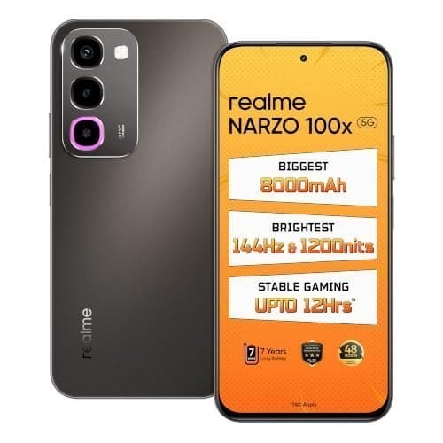 🛒 realme NARZO 100x 5G (Midnight Black,6GB+256GB) Biggest 8000mAh Battery | 45W Fast Charge | 144Hz, 1200nits Bright Display | 7 Years Battery Health | Military-Grade Resistance | 48-Month Fluency