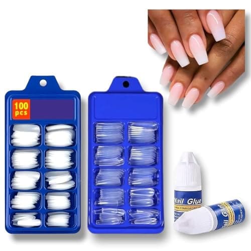 🛒 Artificial Nails Set,fake nails, 200 Pieces,woman nails 100 White and 100 Transparent, with 2 Nail Glue, Nail Salon Quality under 100