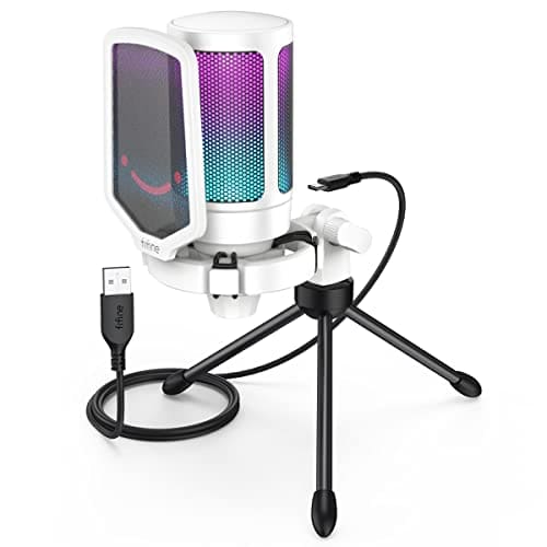 🛒 FIFINE AmpliGame A6V USB Microphone, PC Gaming Recording Desktop Laptop Mic, RGB Streaming Podcasting Condenser Mic for Online Game, Vocal, with Mute Button, Gain Knob, Tripod Stand- White