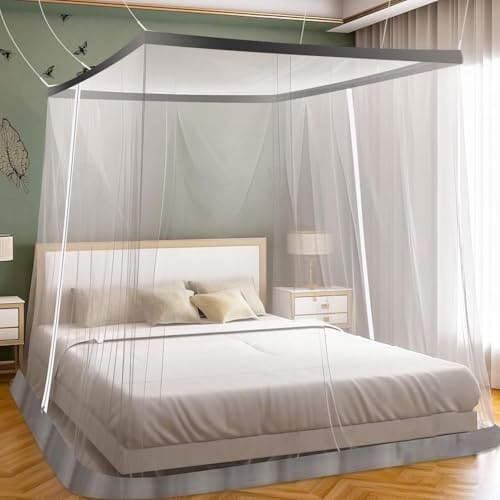 🛒 LifeKrafts Bed Mosquito Net - King Size Premium Polyester Machardani (6ft x 6.5ft,Elegant White with Grey Border) | Double Zipper Entry | Washable & Durable Net for Peaceful Sleep