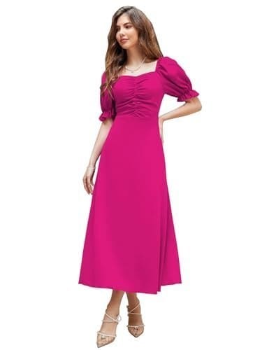 🛒 Shasmi Girl's & Women's Solid Hot Pink A-Line Ruched Puff Sleeve Maxi Long Evening One Piece Long Dress for Women Stylish (Dress 131 Hot Pink-3XL)
