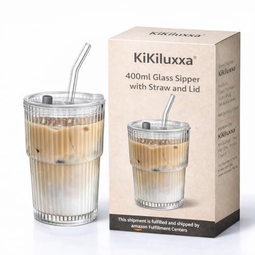 🛒 KiKiluxxa Glass Water Tumbler with Steel/Glass Straw and Lid Sealed Carry On Thick Wall Iced Coffee Cup Glass Sipper Cup for Water, Iced Tea Fruit Juice Set of 1, 400ml (Clear) (US Lined T 1)