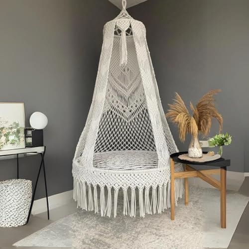 🛒 ecofynd Cotton Premium Luxury Macrame Swing Hammock for Adults & Kids, Large Chair Jhula Relax for Indoor, Outdoor, Balcony, Deck, Patio, Living Room, Home (Bh017), White