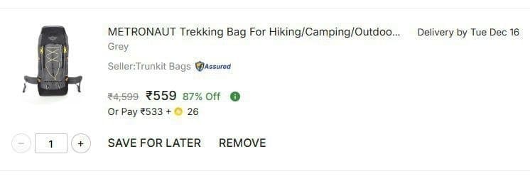 Flipkart | Trekking Bag For Camping with Rain Cover Rucksack - 65 L @ 560