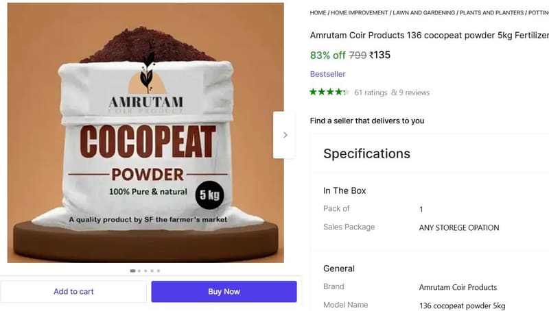 🔥  Cocopeat Powder 5kg Fertilizer (5 Kg, Powder) @ ₹135
