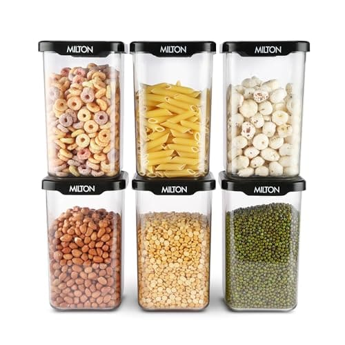 🛒 MILTON Square Premium Containers for Kitchen Storage Set of 6 (1100 ml each) Food Grade, BPA Free I Stackable, Transparent I Durable, Multi-purpose, Space Saving, Black