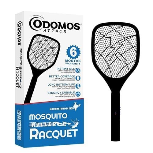 🛒 Odomos Attack Anti - Mosquito Rechargeable Racquet | 400mAH Battery | Large Net Area for Better Coverage | Long Lasting Internal Battery with Plug in Socket | 6 Months Warranty (Black)