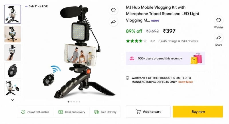 🔥 Vlogging Kit with Microphone, Tripod Stand and LED Light @ ₹397