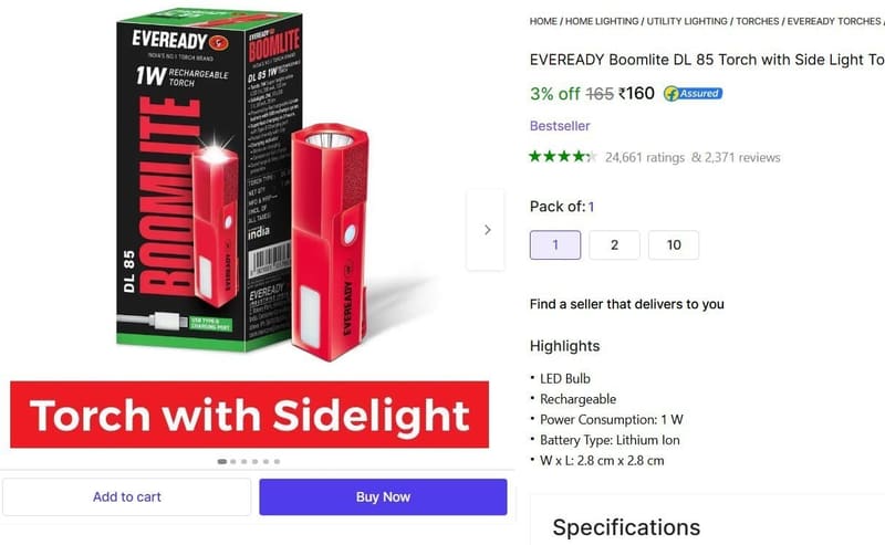 🔥  EVEREADY Torch with Side Light @ ₹160