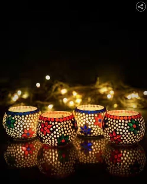 🪔 Set of 4 Mosaic Glass Decorative Tea Light Holders ✨💙