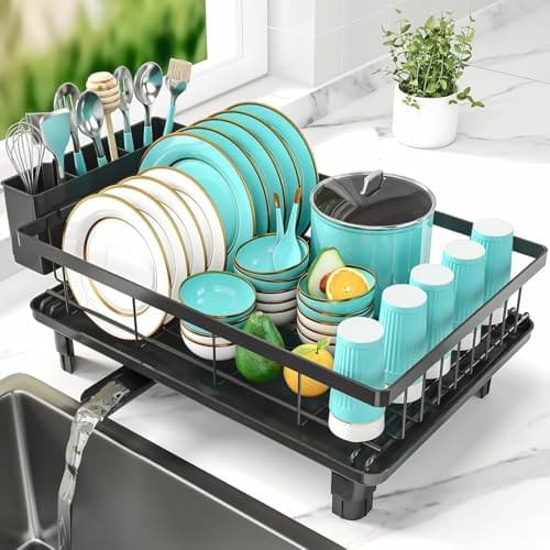 🛒 JD FRESH Dish Drying Rack with Drainer Tray | Steel Bartan Stand for Kitchen | Anti-Rust, Smart Drain Outlet | Detachable Cutlery Holder | Countertop Utensils Organizer | Black (42x32x13 CM)