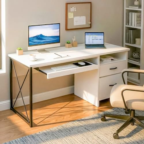 🛒 TEKAVO Computer Table with Keyboard Tray & Two Storage Drawers, Computer Table for Home pc & Office, Office Table with Storage (White Wood, Metal | 120 x 55 CM) - DIY