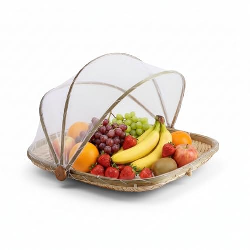 🛒 Bamboo Basket with lid | Fruit Basket -Multipurpose Bamboo Storage Hamper with Mesh Net Cover, Food Serving Tent Tray, Insect Bug Proof,Fruit Vegetable Bread Storage Container for Picnic, Outdoor