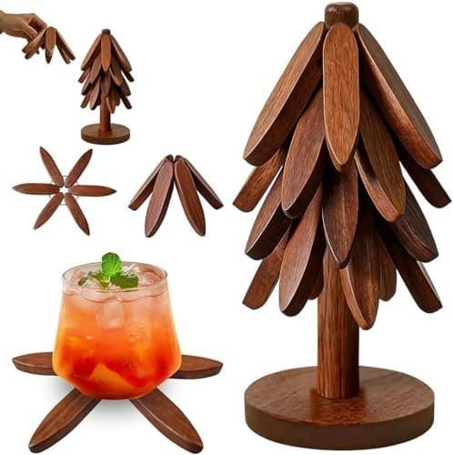 🛒 Lyrovo Wooden Trivets for Hot Dishes, Tree Shape Trivet Set, 4 Walnut Wood + 1 Stand stored Like a Christmas Tree,Foldable Kitchen Wooden Trivet,for Hot Dishes、Pot、Bowl、Teapot、Hot Pot Holder